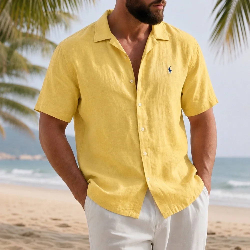 Polo Ralph Lauren Camp Shirt Mens Medium Silk Linen Herringbone Resort Yellow